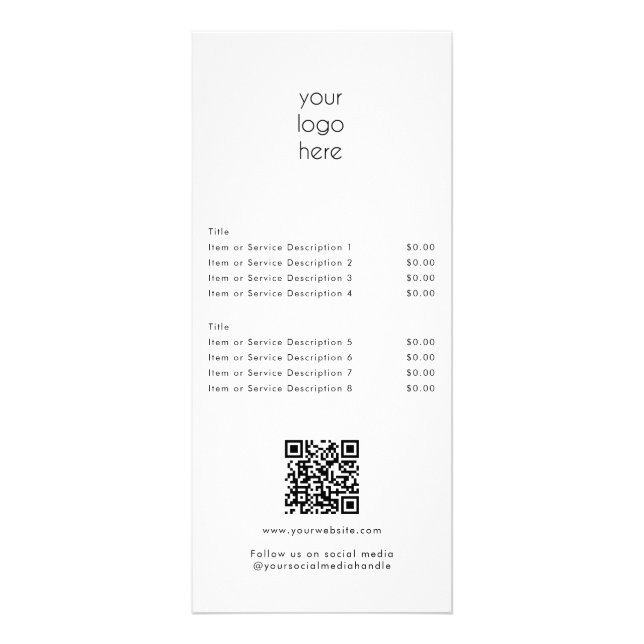 Modern White Price List QR Code Social Media  Rack Card (Front)