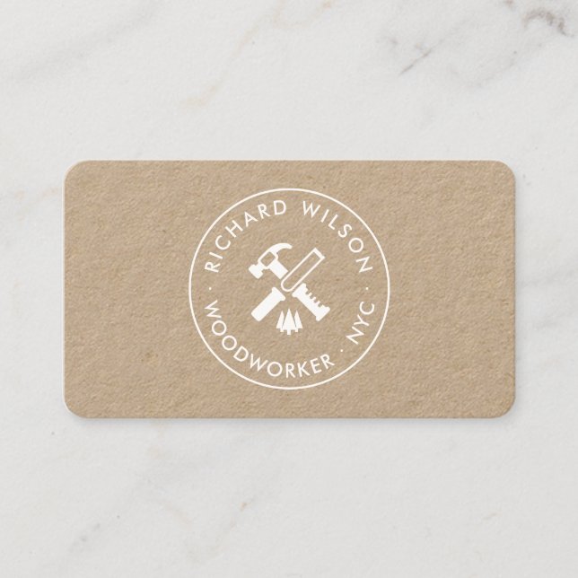Modern white professional carpenter logo kraft business card (Front)