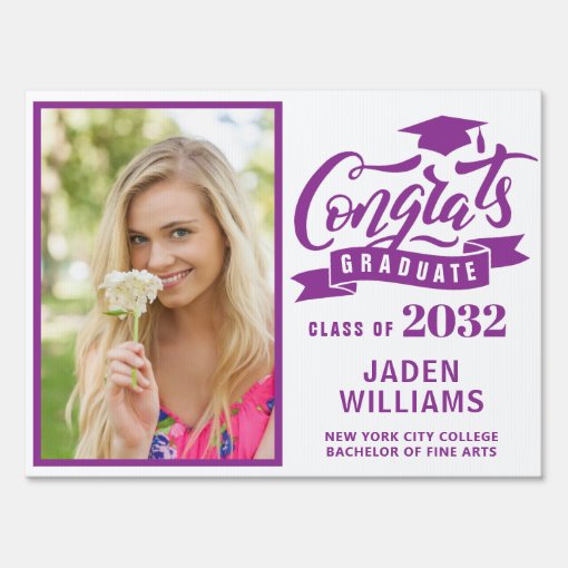 Modern White Purple PHOTO Graduation Banner Yard S Sign | Zazzle