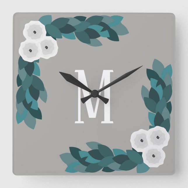 Modern White Ranunculus Flower & Foliage Monogram Square Wall Clock (Front)