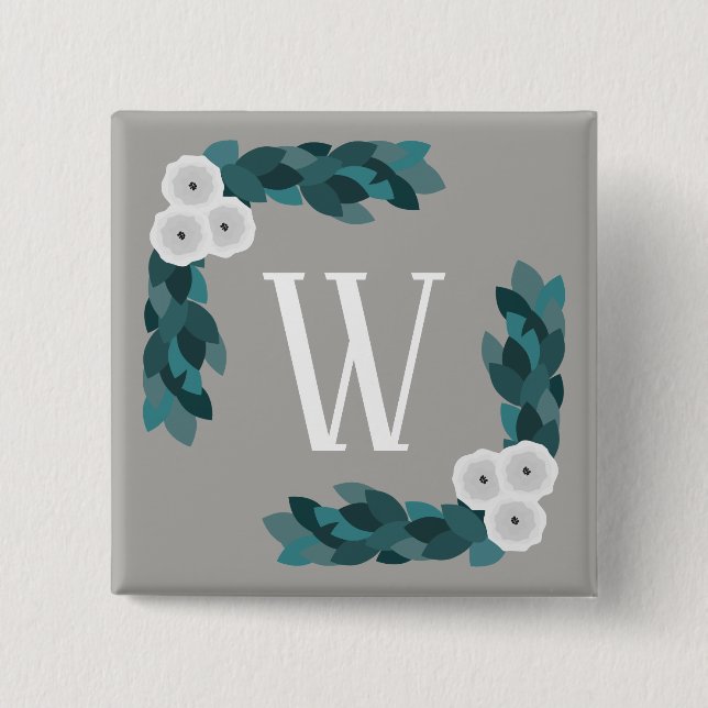 Modern White Ranunculus Flowers & Foliage Monogram Pinback Button (Front)
