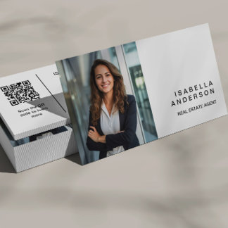 Modern White Real Estate Professional Photo QR Business Card