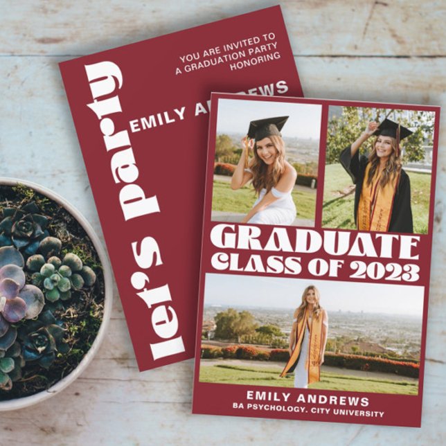 Modern White & Red 3 Photo Grad Party Invitation (Creator Uploaded)