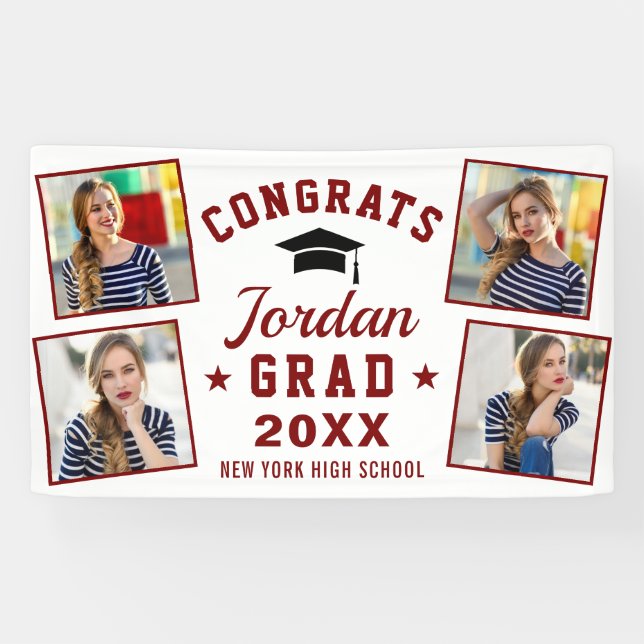 Modern White Red Graduation Class of 2026 4 PHOTO Banner (Horizontal)