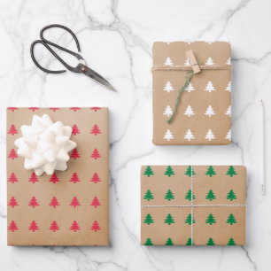 Modern White Red Green Christmas Trees on Kraft Wrapping Paper Sheets