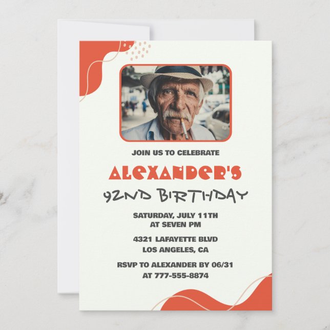 Modern White Red Men 92nd birthday invitations   (Front)