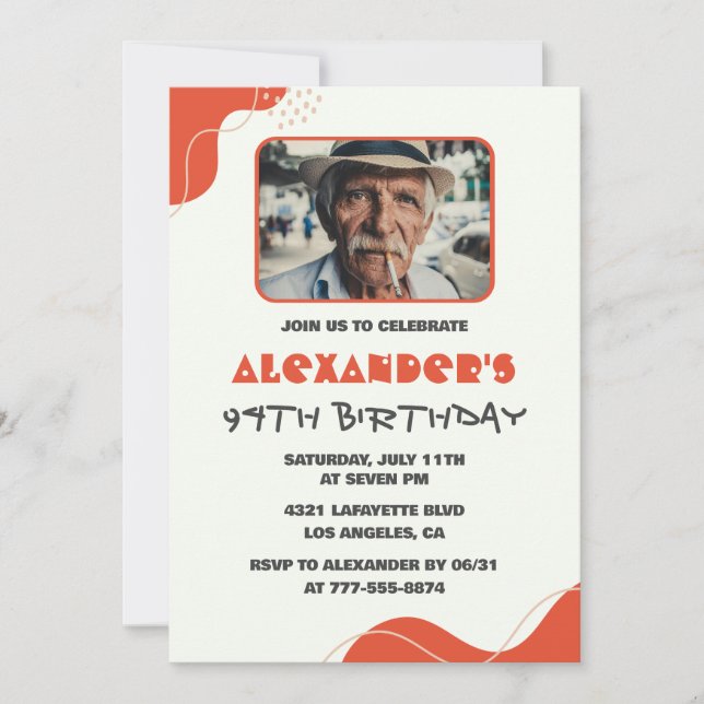 Modern White Red Men 94th birthday invitations   (Front)