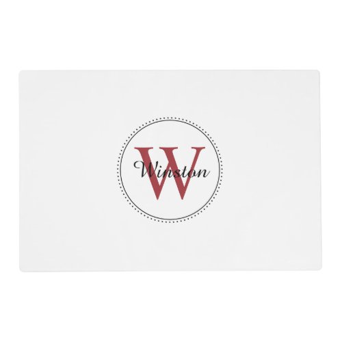 Modern White Red Personalized Monogram Name Pet Placemat