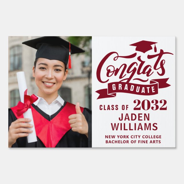 Modern White Red PHOTO Graduation Banner Yard Sign (Front)