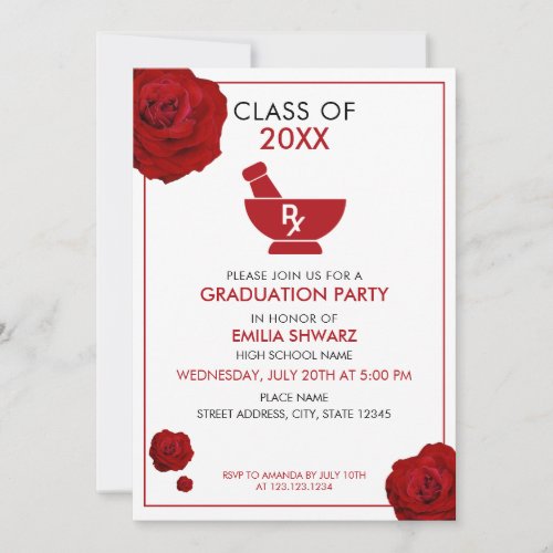 Modern White  Red Rose Pharmacist Graduation Invitation