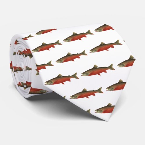 Modern White Red Salmon Fish  Fly Fisherman Neck Tie