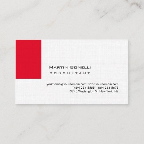 Modern White Red Simple Premium Linen Business Card