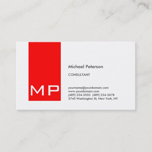 Modern White Red Stripe Monogram Business Card