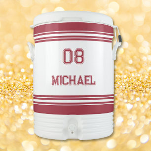 Modern White Red Stripes Player Name Jersey Number Beverage Cooler