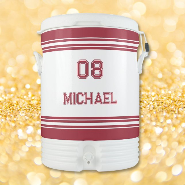 Modern White Red Stripes Player Name Jersey Number Beverage Cooler (Modern White Red Stripes Player Name Jersey Number Beverage Cooler)