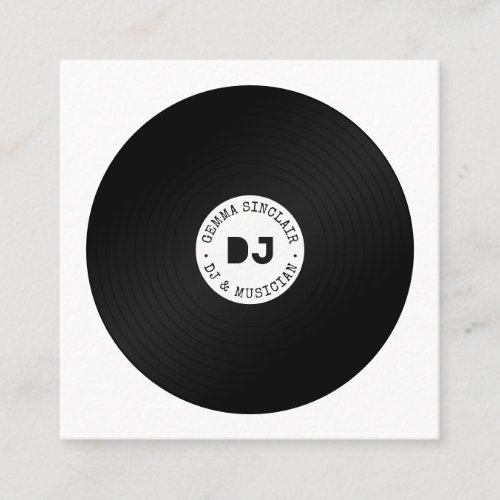 Modern white retro music dj black vinyl musician square business card