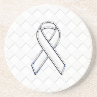 Modern White Ribbon Awareness on Checkers Print Coaster