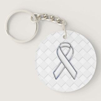Modern White Ribbon Awareness on Checkers Print Keychain