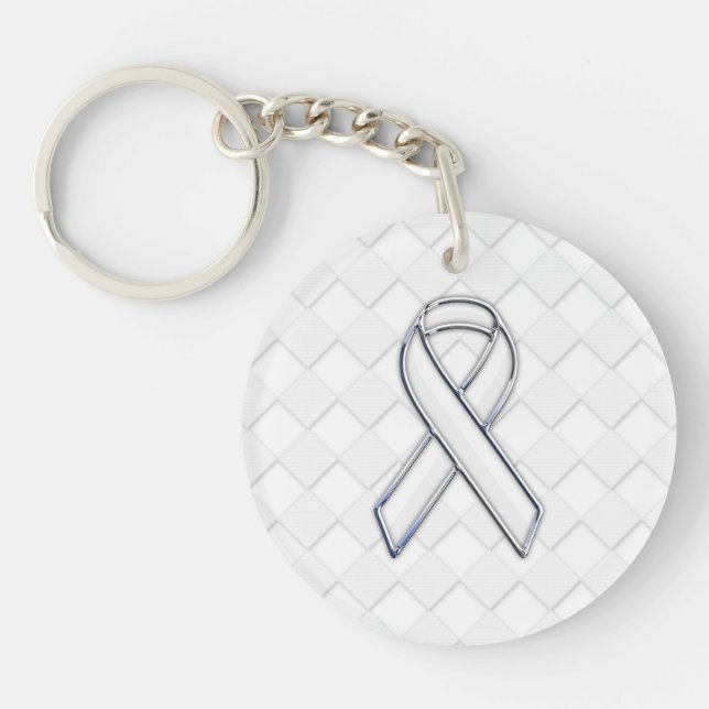 Modern White Ribbon Awareness on Checkers Print Keychain (Front)