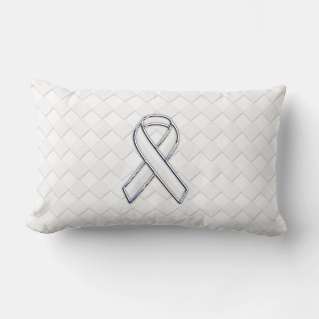 Modern White Ribbon Awareness on Checkers Print Lumbar Pillow (Front)