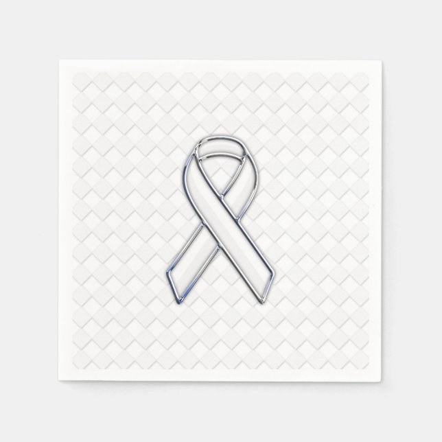 Modern White Ribbon Awareness on Checkers Print Paper Napkins (Front)
