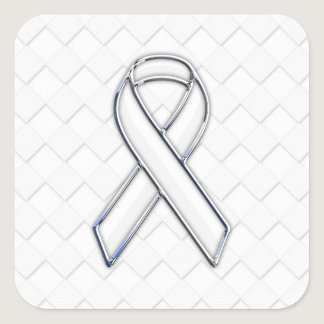 Modern White Ribbon Awareness on Checkers Print Square Sticker