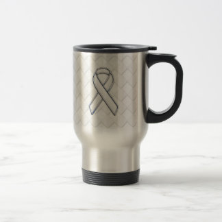 Modern White Ribbon Awareness on Checkers Print Travel Mug