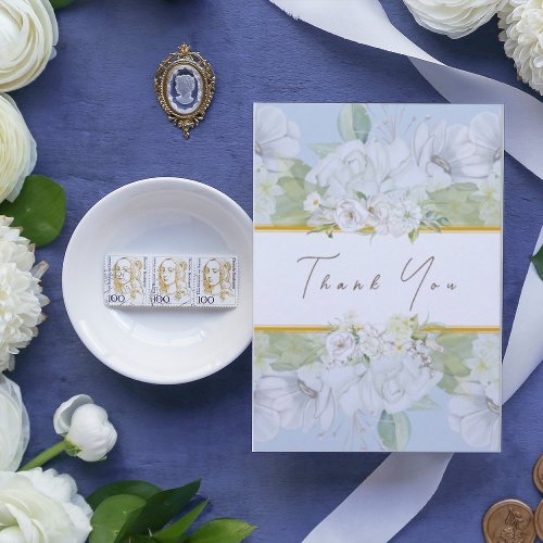 Modern White Rose Blue Floral Thank You Card