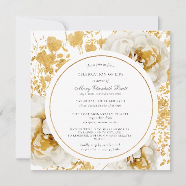 Modern White Rose Gold Funeral  Invitation (Front)