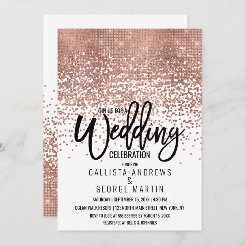 Modern White Rose Gold Glitter Confetti Wedding Invitation