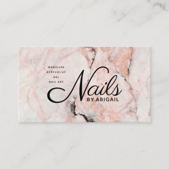 Modern White Rose Marble Gold Nails By "Name" Business Card (Front)