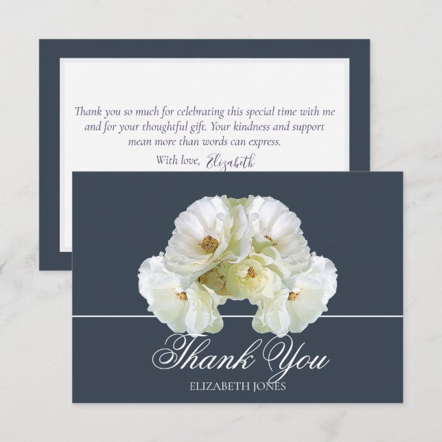 Modern White Roses Bridal Shower Thank You Card (Front/Back)