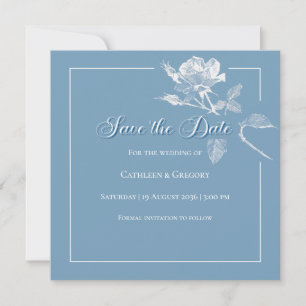 Modern White Roses Dusty Blue Floral Wedding Save The Date