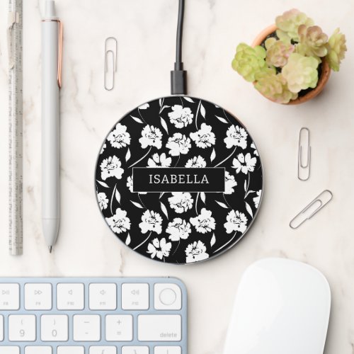 Modern White Roses on Black Pattern Personalized Wireless Charger