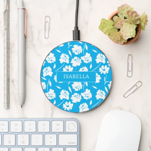 Modern White Roses on Blue Pattern Personalized Wireless Charger