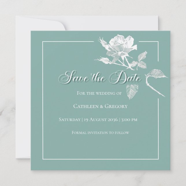Modern White Roses Sage Green Floral Wedding Save The Date (Front)