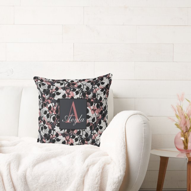 Modern White Roses with Pink Leaves Monogram Throw Pillow (Couch)