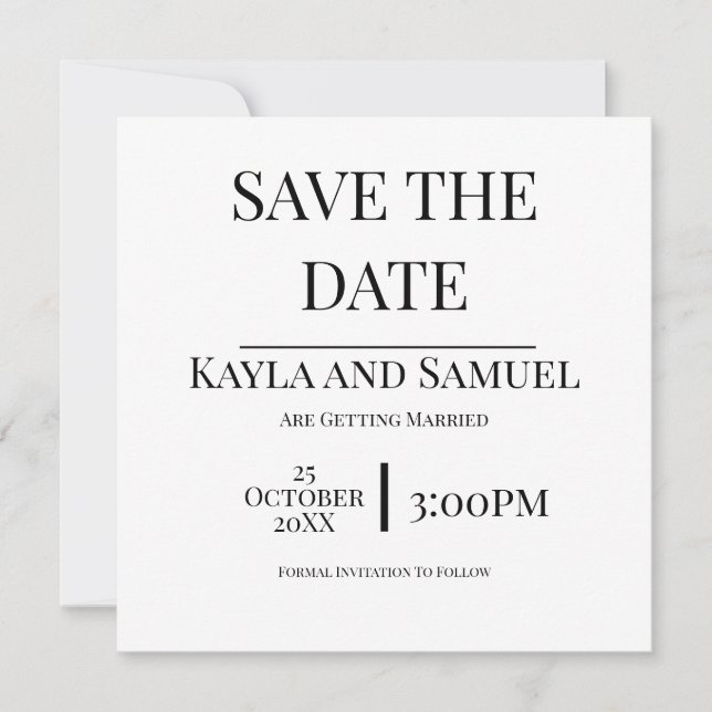 Modern White Save The Date Card with Black Text (Front)