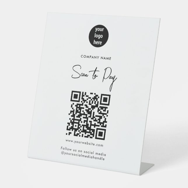 Modern White Scan to Pay QR Code Social Media Pedestal Sign (Front)