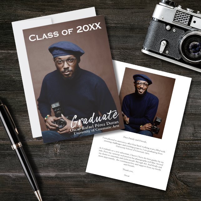 Modern White Script 2 Photo Graduation Announcement (Creator Uploaded)