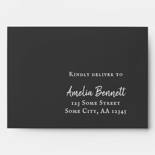 Modern White Script A7 Return Address Wedding Envelope - Modern White Script Typography A7 Return Address Wedding Envelope. Elegant Return Address envelope for wedding RSVP, with an address on the front side. The text is in white color and is suitable for the envelopes in dark colors - choose any color for the envelope. Personalize with your address and change or erase the text Kindly deliver to if you want. Personalize the envelope with your name and address. Great for your wedding, engagement and save the date mailing.