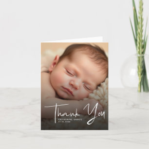 Modern White Script Baby Photo Baptism  Letterpress Thank You Card