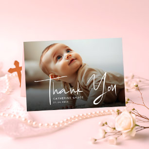 Modern White Script Baby Photo Folded Letterpress Thank You Card
