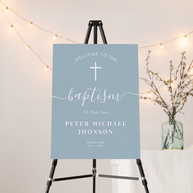 Modern White Script Baptism Welcome Dusty Blue Foam Board (In Situ (Stand))