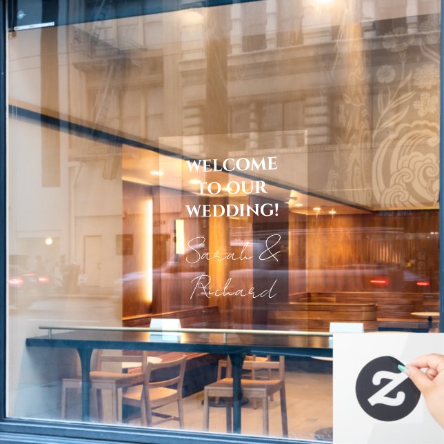 Modern White Script Couples Names Wedding Welcome Window Cling (Cafe Window)