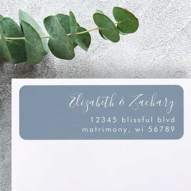 Modern White Script Dusty Blue Return Address Label (Creator Uploaded)