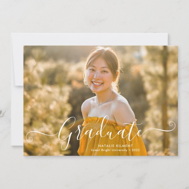 Modern White Script Graduate Photo Graduation Announcement (Front)