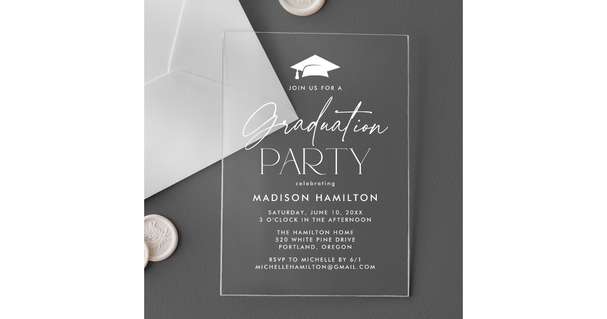 Modern White Script Graduation Party Acrylic Invitations | Zazzle