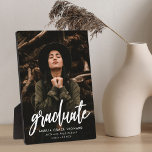 Modern White Script Graduation Photo Plaque<br><div class="desc">Celebrate your graduate's achievement with a personalized graduation photo keepsake. The plaque features the graduate's vertical photo with "Graduate" in a trendy white script font. Personalize the simple graduation photo plaque by adding the graduate's name,  school,  and graduation year below.</div>