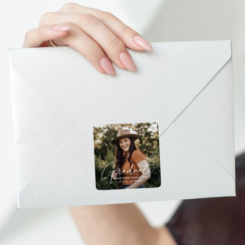 Modern White Script Graduation Photo Square Sticker